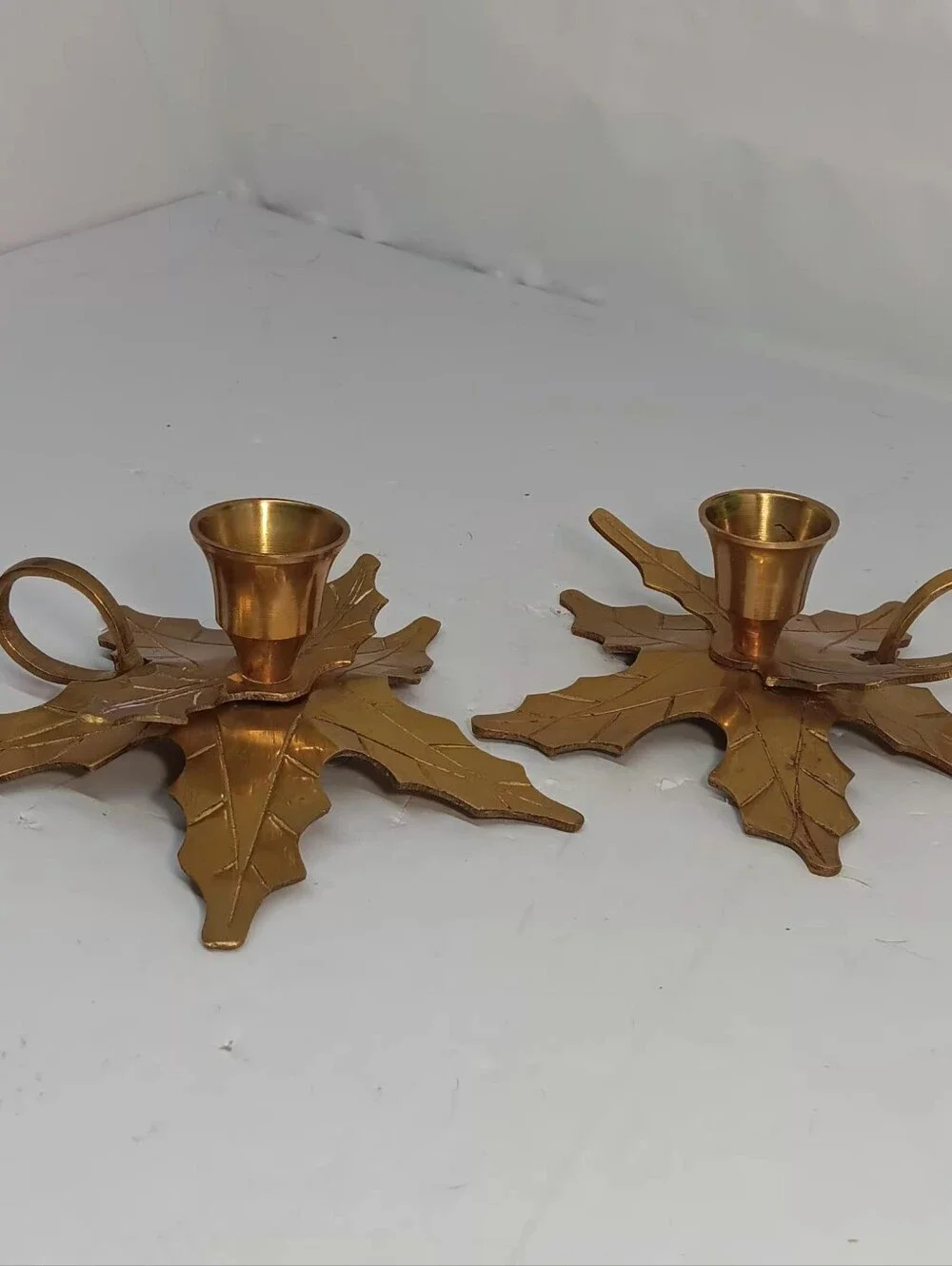 Vtg. Pair Of Brass Holly Candlestick Holders Made In India